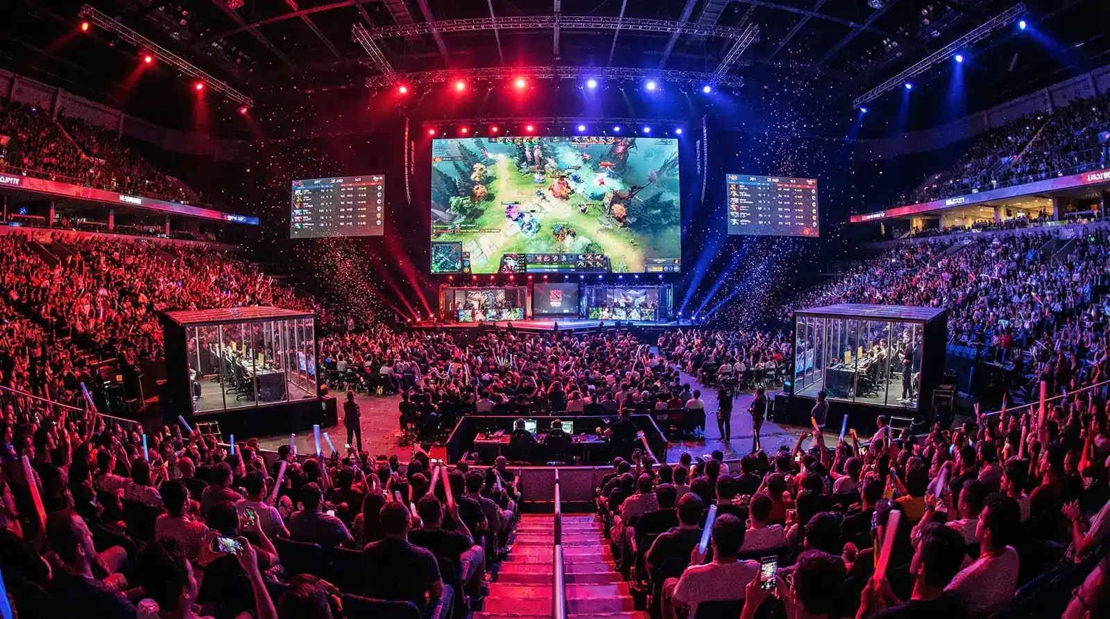 Escenario de un torneo profesional de Dota 2 con pantallas gigantes y público en directo